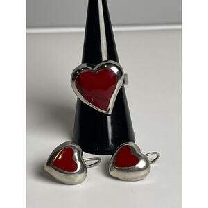 Mexico 925 Sterling Red Jasper Heart Ring Sz 7 & Earrings Set 17.53g